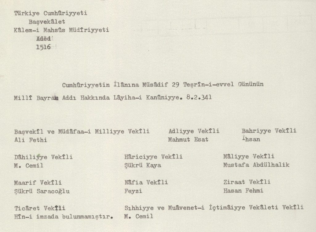 29 Ekim'in millî bayram olarak kabul edilmesine ilişkin 8 Şubat 1925 tarihli kanun tasarısı ve hükûmet üyelerinin isimleri.